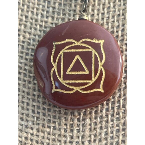 Root Chakra Pendant Necklace Red Jasper Gold Symbol Antique Gold Chain Adj 23" - Picture 2 of 6